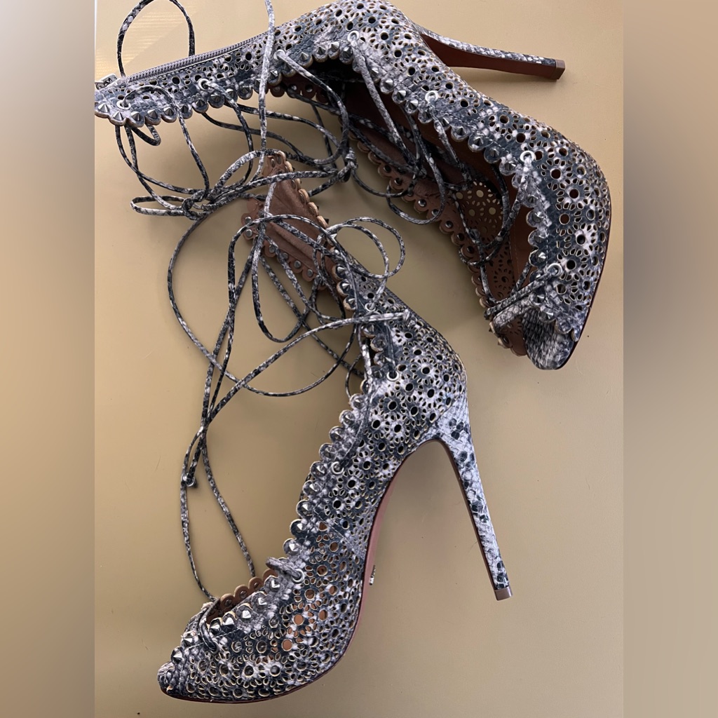 Schutz Gladiator Lace Up Heels Snake Embossed Spikes Sz 8
